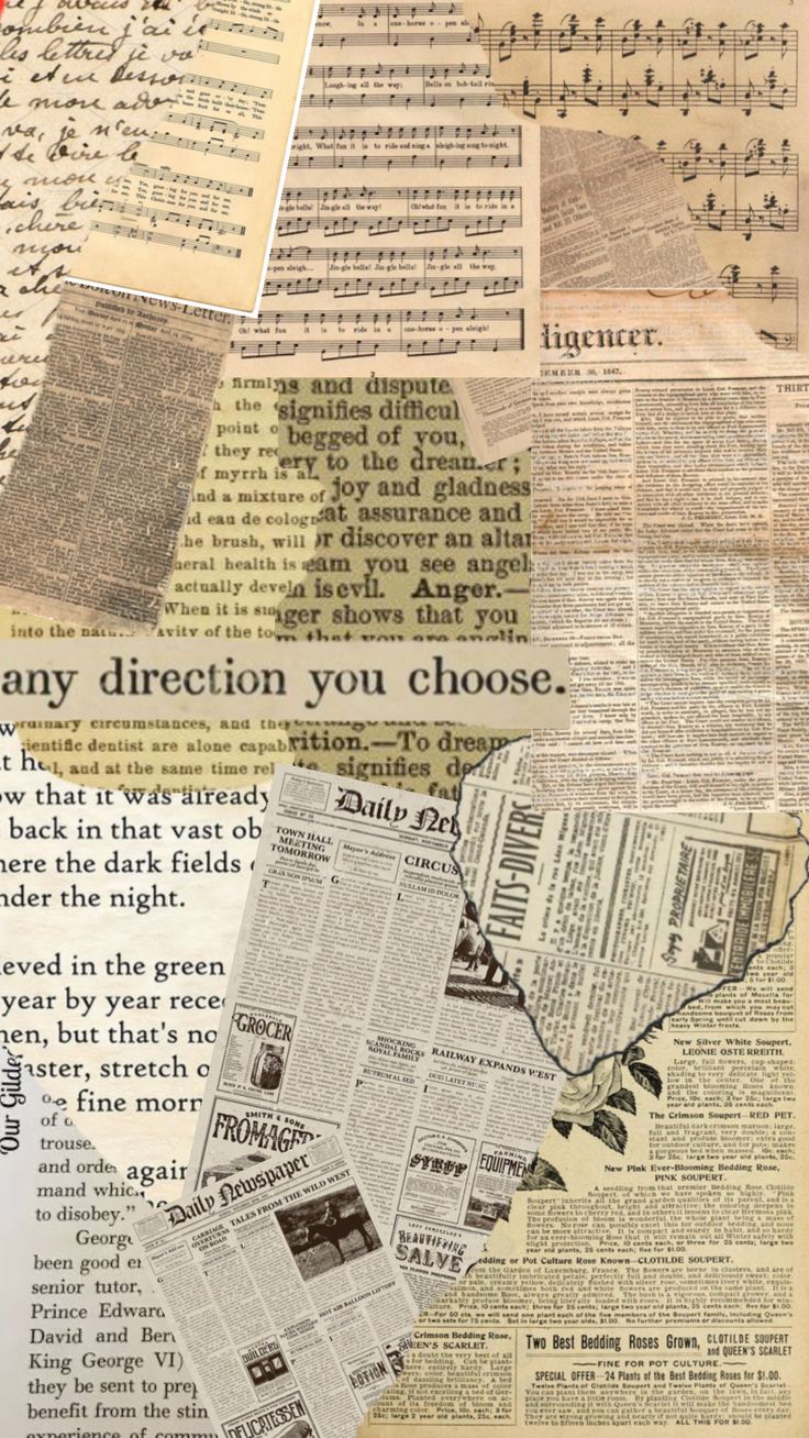 an old newspaper with many different types of paper on it and the words, any direction you choose