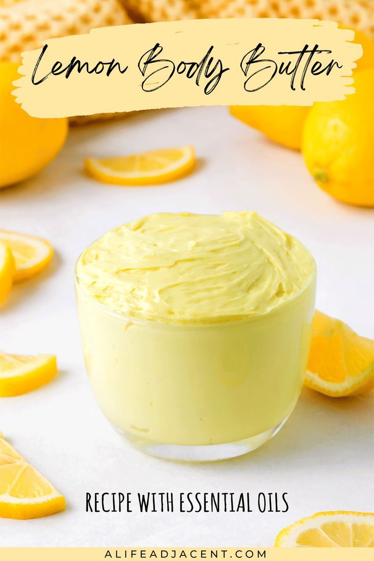 Whipped and creamy lemon body butter in a glass jar surrounded by decorative fresh lemon slices. Text overlay: lemon body butter recipe with essential oils. Lemon Body Butter, Body Butter Recipe Whipped, Body Butter Recipes, Recipes For Glowing Skin, Body Butter Recipe Homemade, Lemon Sugar Cookie, Diy Body Butter Recipes, Body Butter Recipe, Cocoa Cake