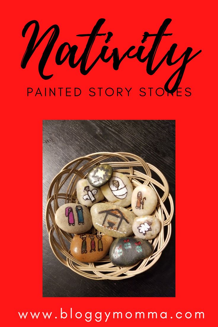 a basket full of painted rocks with the words nativity painted story stones on it