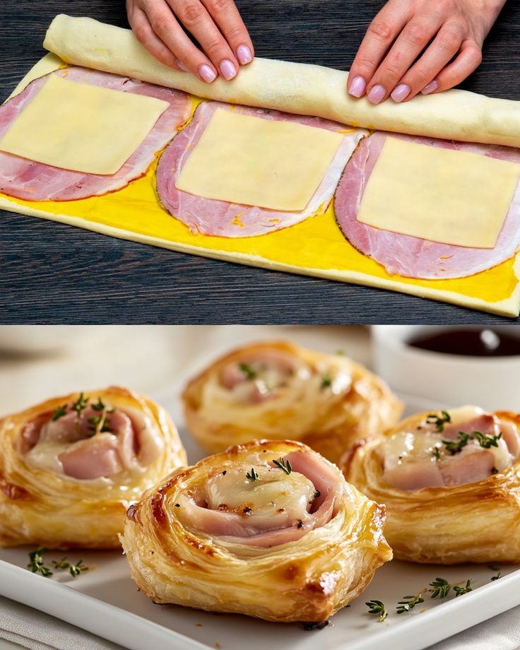 ham and cheese pastry rolls on a plate