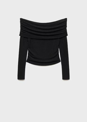 Lurex off-the-shoulder top - Women | MANGO USA Shoulder Less Top, Shoulderless Top, Lurex Fabric, Off Shoulder Tops, Top Women, Black Top, Shoulder Top, Shopping List, Off The Shoulder