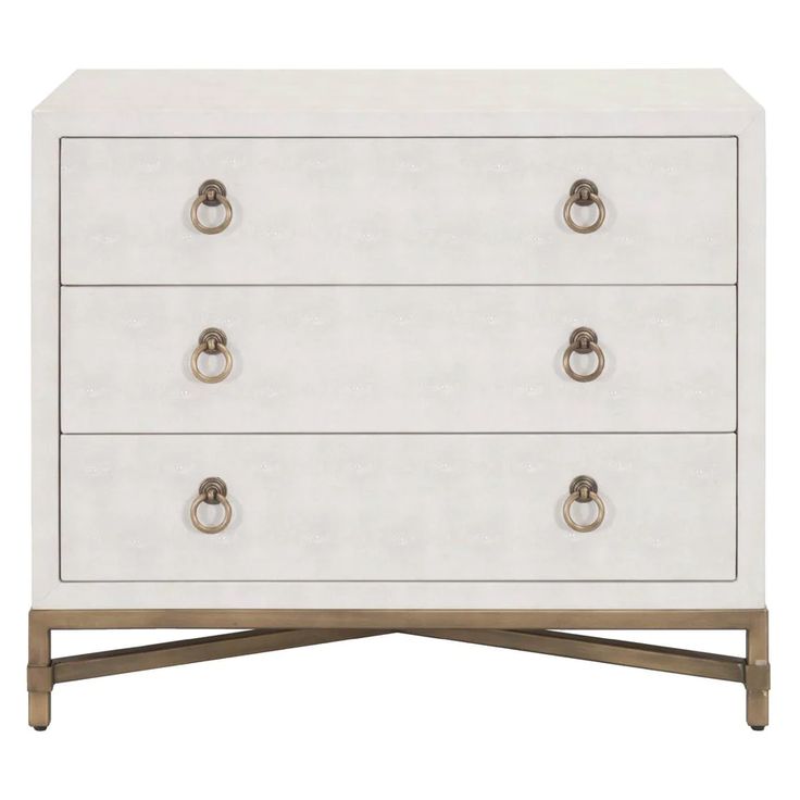 a white dresser with three drawers and two handles on each drawer, in front of a white background