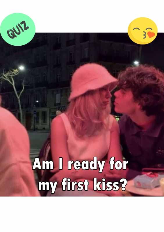 a man and woman sitting next to each other in front of a sign that says, am i ready for my first kiss?