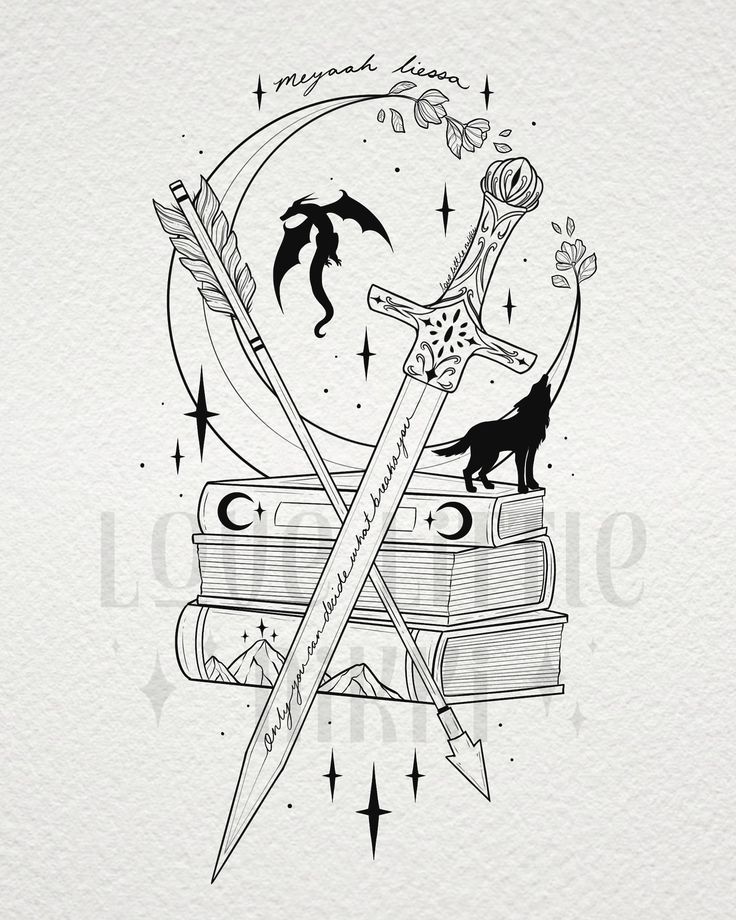 a drawing of two swords and some books