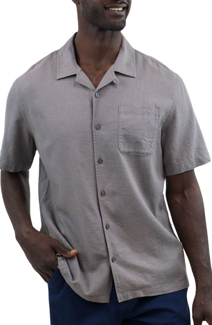 Perfect for sunny days, this short-sleeve camp shirt is constructed from a breathable linen blend for superior comfort. Front button closure Convertible collar Short sleeves Chest patch pocket 55% linen, 45% viscose Dry clean or machine wash, dry flat Imported Classic Slippers, Convertible Collar, Flip Flop Slippers, Camp Shirt, Ugg Classic, Denim Branding, Sweaters And Leggings, Nordstrom Store