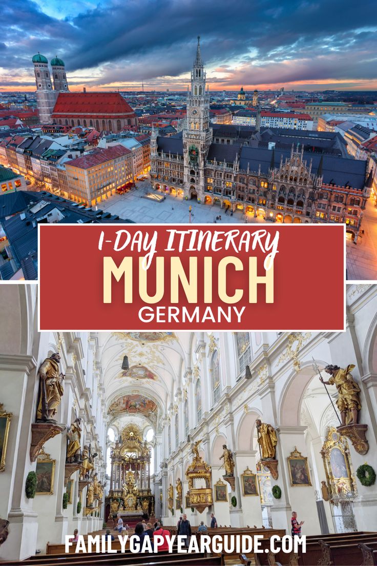 an aerial view of the city with text overlay that reads 1 day itinerary munich germany