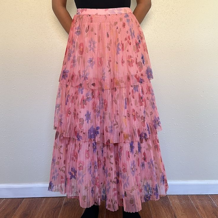 Anthropologie Floral Tiered Skirt Nwt Waist: 13” Length: 37” Lining Length: 34” T6 Purple Pleated Bottoms For Spring, Purple Lined Skirt For Spring, Purple Full Maxi Skirt For Spring, Purple Flared Maxi Skirt For Spring, Purple Full Skirt Bottoms For Spring, Purple Lined Pleated Skirt For Spring, Purple Flowy Maxi Skirt For Spring, Purple Flowy Pleated Skirt For Spring, Pink Fitted Tiered Pleated Skirt