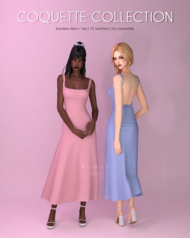 two women in dresses standing next to each other on a pink and blue background with the caption coquette collection