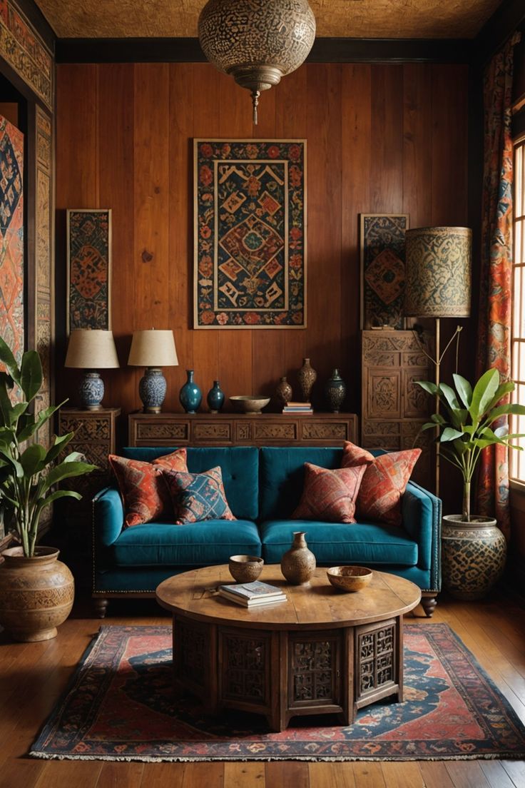 a living room with wood paneling and blue couches, rugs and lamps