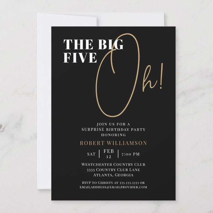 a black and gold birthday party card with the word, the big five on it