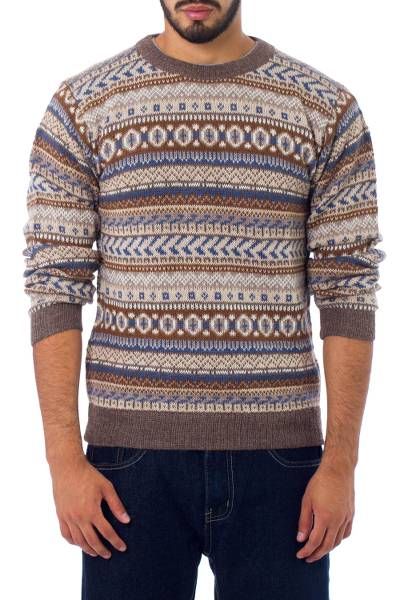 Fernando Cano conjures a hypnotic composition for the design of this men's sweater. Contrasting warm browns and cool blues the sweater is knit of soft alpaca wool. Winter Brown Tops With Fair Isle Pattern, Cozy Brown Tops With Fair Isle Pattern, Casual Brown Fair Isle Pattern Sweater, Brown Fair Isle Winter Top, Winter Fair Isle Pattern Brown Tops, Cozy Brown Fair Isle Pattern Top, Cozy Brown Fair Isle Top, Brown Alpaca Crew Neck Sweater, Nordic Brown Jacquard Knit Sweater