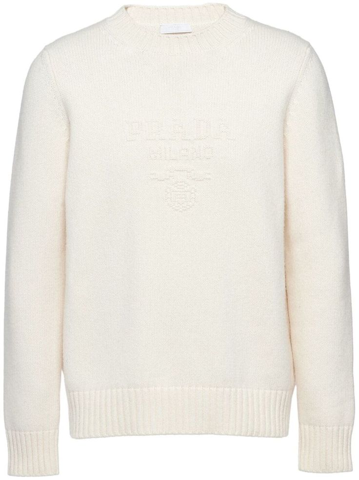 cream white wool-cashmere blend knitted construction embroidered logo to the front crew neck long sleeves ribbed cuffs and hem Prada Logo, Embroidered Wool, Cashmere Jumper, Statement Shirt, Balenciaga Triple S, Cashmere Wool, Padded Jacket, Prince Harry, Wool Sweater