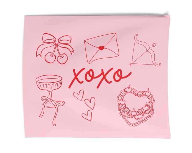 a piece of pink paper with red writing on it that says xoxo and various hand drawn items