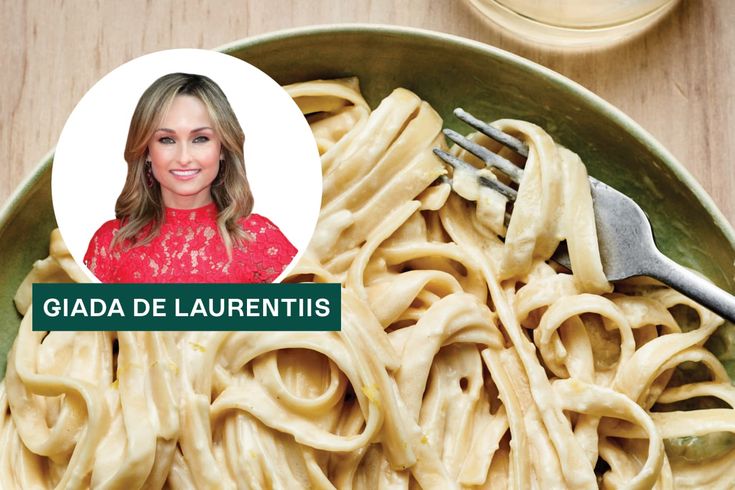 a bowl filled with pasta and a fork next to the words giada de laurentii