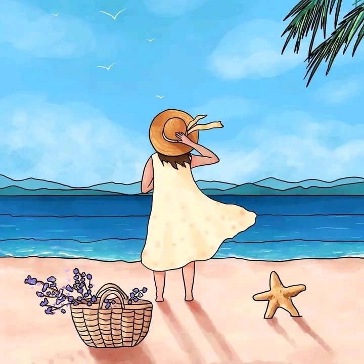 a woman in a white dress and straw hat standing on the beach looking out at the ocean