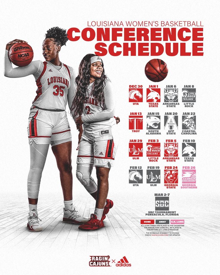 two women basketball players standing next to each other with the words conference schedule on them