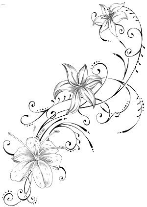 a drawing of flowers with swirls and leaves