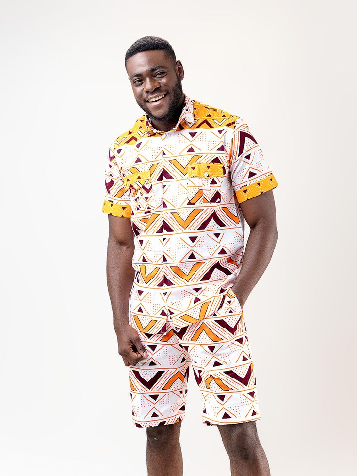 Here’s your chance to show off your bright side in this incredibly cool Mane shorts matching set .it's simple but so chic.Great for a day at the beach or pool, but also for a nice casual outdoor event. It's all yours Description 100% Cotton African Print Wax Short sleeves shirt and matching shorts Front lapel, one button Front button shirt Shorts with zipper Made in Cameroon Fabric from Benin Care instructions Hand wash cold Hang to dry Do not bleach Iron on the wrong side