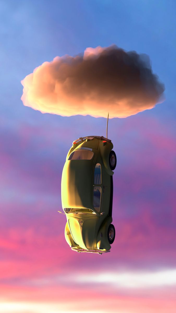 a yellow car is floating in the air with a cloud over it's head