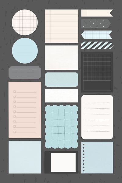 several different types of paper and stickers on a gray background with space for text