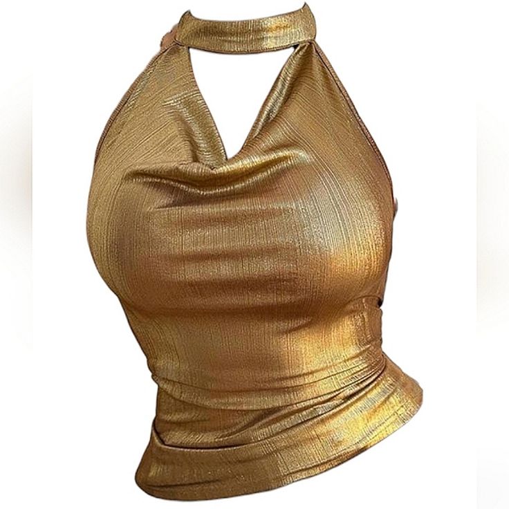 Size: Medium Brand New Gold Crop Top For Night Out, Gold Crop Top For Summer, Gold Stretch Crop Top, Chic Fitted Gold Crop Top, Trendy Fitted Gold Top, Trendy Gold Stretch Tops, Trendy Gold Fitted Top, Gold Tops For Night Out In Spring, Gold Top For Spring Party