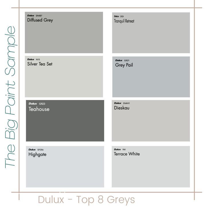 Our Dulux top selling greys: Diffuesd Grey, Tranquil Retreat, Silver Tea Set, Grey Pail, Teahouse, Terrace White, Deiskau, Highgate Dulux Paint Colours Grey, Gray And White House Exterior, Dulux Grey Paint, Dulux Exterior Paint Colours, Dulux Colour Schemes, Hamptons Exterior, Dulux Exterior Paint, Hamptons House Exterior, Dulux Paint Colours