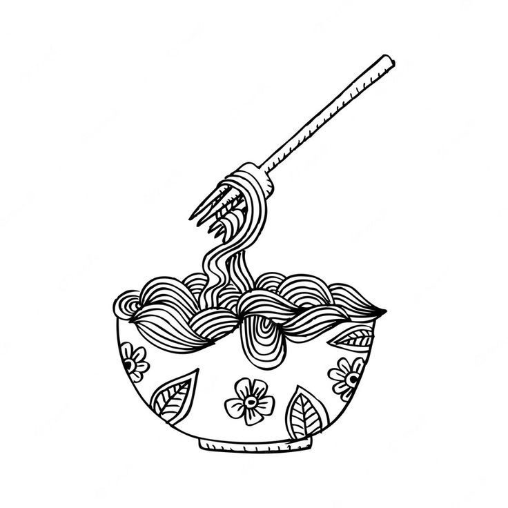 a black and white drawing of noodles in a bowl with chopsticks sticking out of it