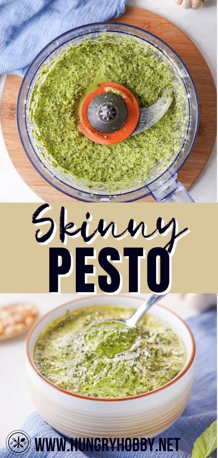 the recipe for skinnyy pesto is in a bowl