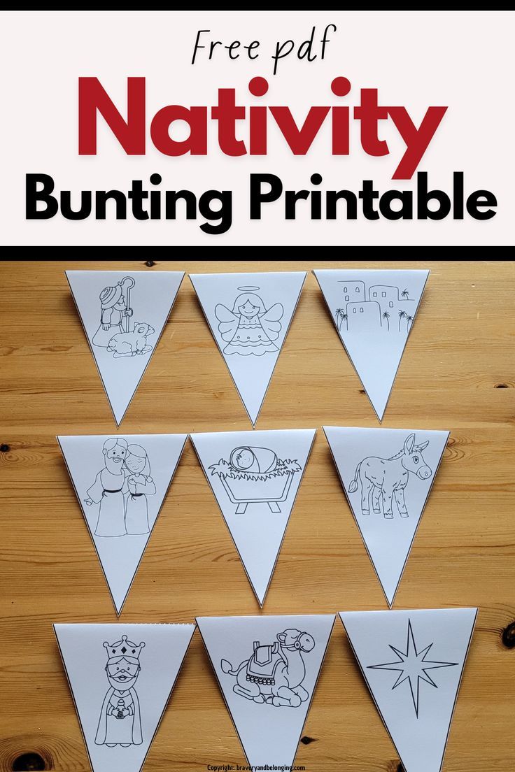 Pin text reads, free pdf Nativity bunting printable and shows image of it.