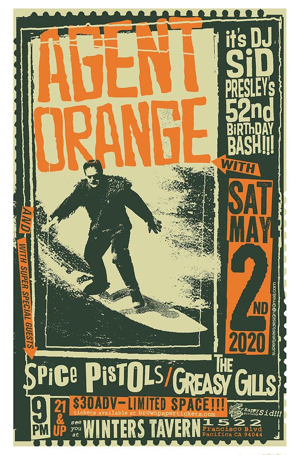 an orange and black poster with a man on a surfboard