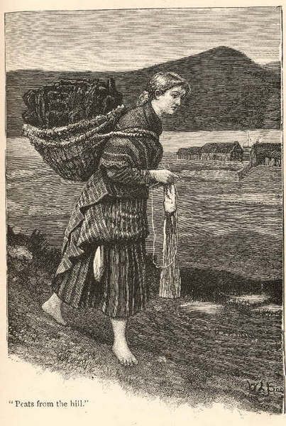 an old illustration of a woman walking on the beach with a large bag over her shoulder