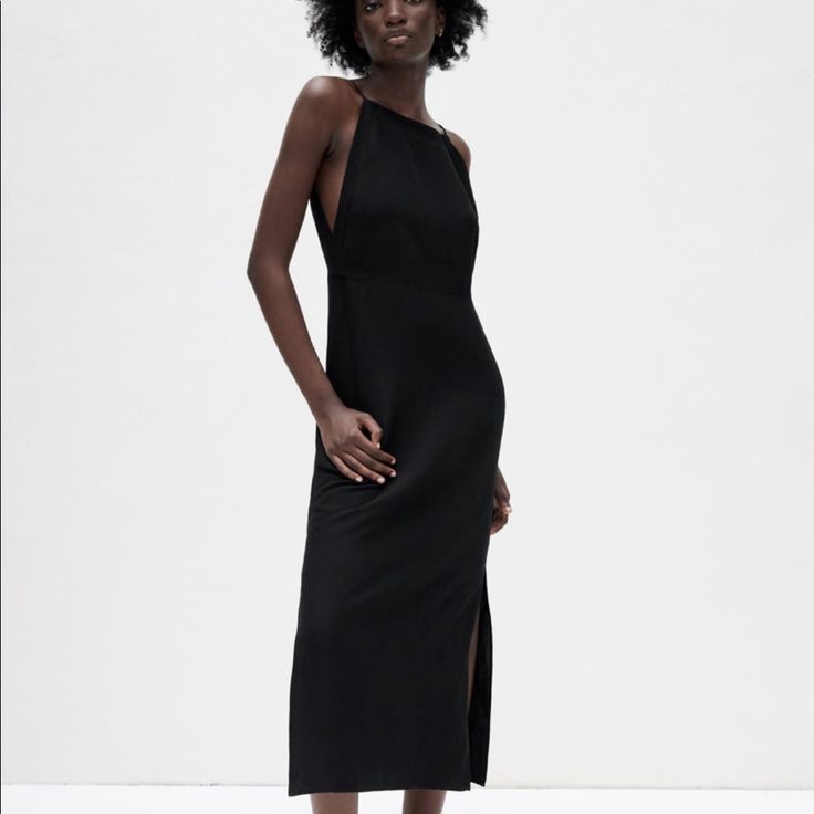 Zara New With Tags Midi Dress With Open Back. Sleeveless Black Slip Dress For Dinner, Black Sleeveless Slip Dress For Dinner, Black Fitted Midi Slip Dress, Black Maxi Dress For Spring Dinner, Black Maxi Dress For Dinner In Spring, Sleek Summer Maxi Dress For Dinner, Black Dinner Dress For Summer, Sleek Black Slip Dress For Dinner, Sleek Black Spring Dress