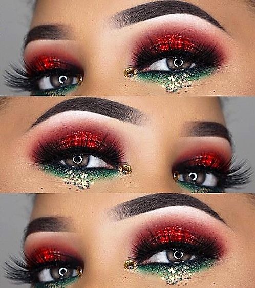 Christmas Eye Makeup Looks, Christmas Makeup Looks Hooded Eyes, Eyeshadow Looks For Christmas, Glam Christmas Makeup Looks, Christmas Inspired Eye Makeup, Pretty Elf Makeup, Christmas Elf Makeup Ideas, Xmas Eye Makeup, Xmas Eyeshadow Looks