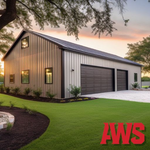 a garage with the words aws above it in front of an image of a house