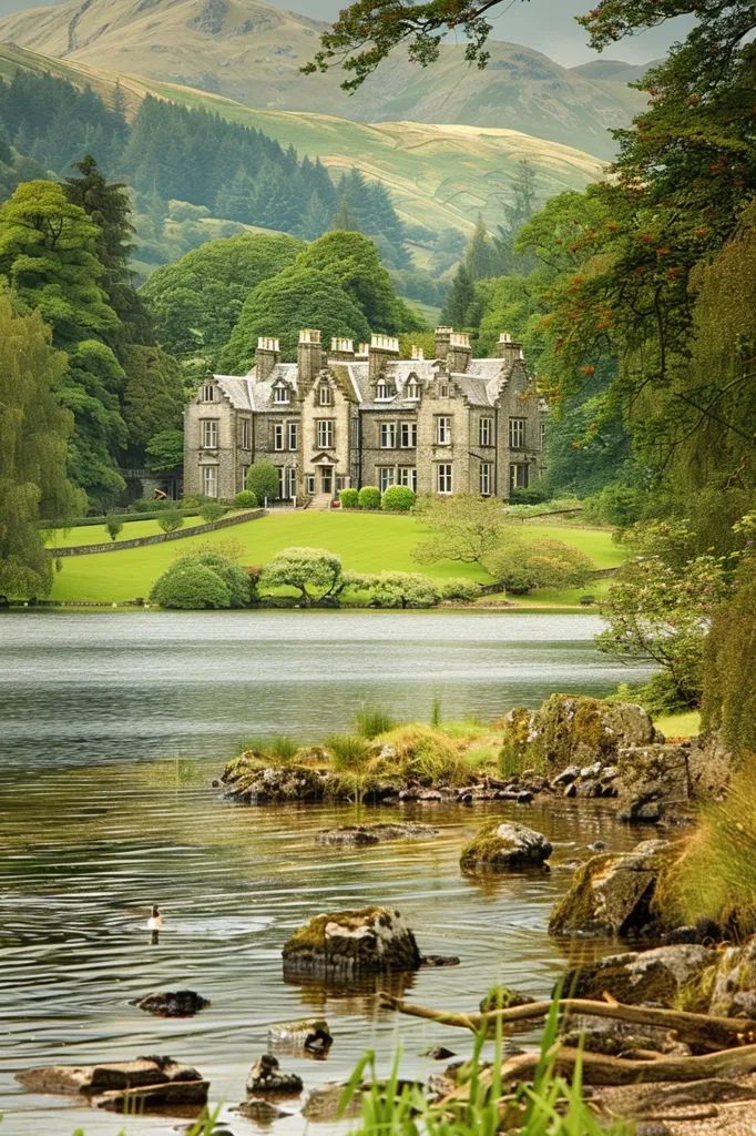 a large house sitting on top of a lush green hillside next to a lake and forest