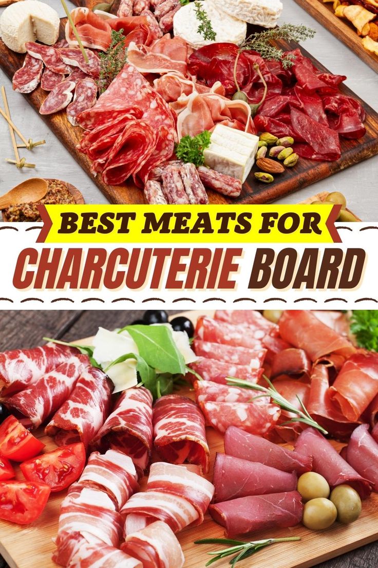 the best meats for charcuterie board are on display in this collage