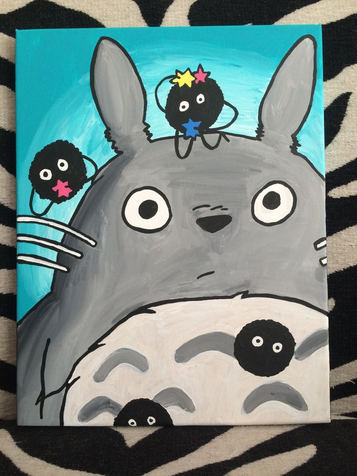 an acrylic painting of a totoro with three little kids on it