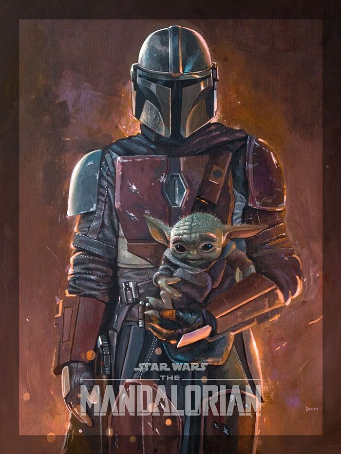 a painting of a man in armor holding a baby yoda star wars fan art