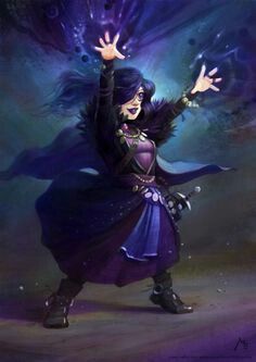 a painting of a woman dressed in purple and holding her hands up to the sky