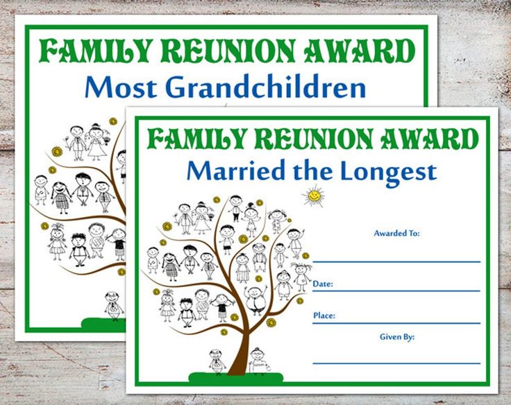 the family reunion award certificate is shown in two different colors and sizes, with an image of