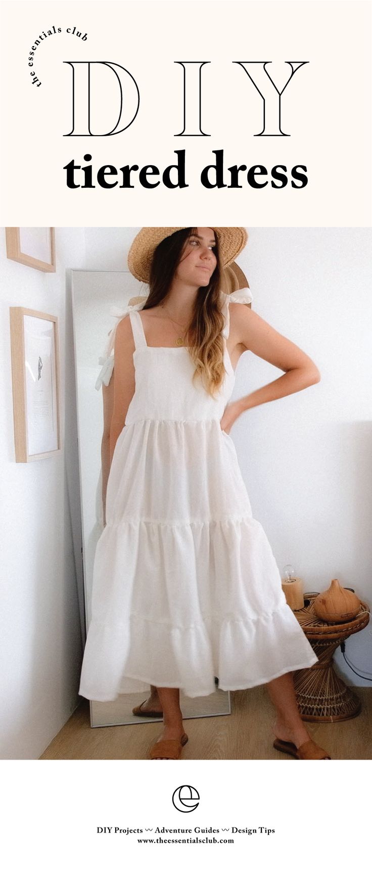 a woman wearing a white dress and hat with the words diy tiered dress