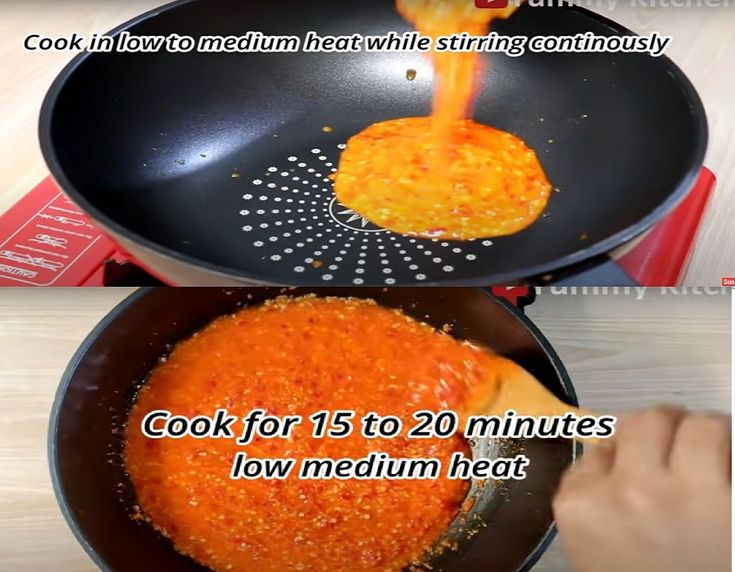 two pans with food cooking in them and the words cook for 15 to 20 minutes low medium heat