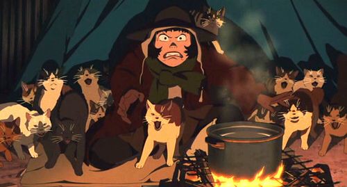 an animated scene with many cats around a campfire