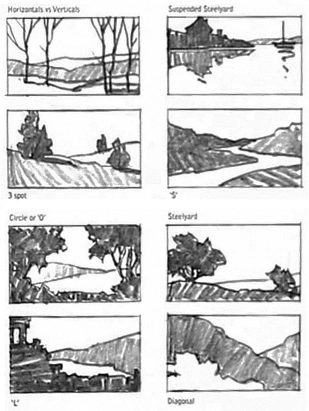 several different views of trees and mountains in black and white, with text below them