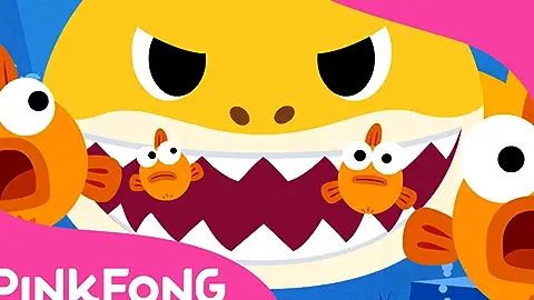 the pinkfong logo is shown in front of an image of two fish with their mouths open