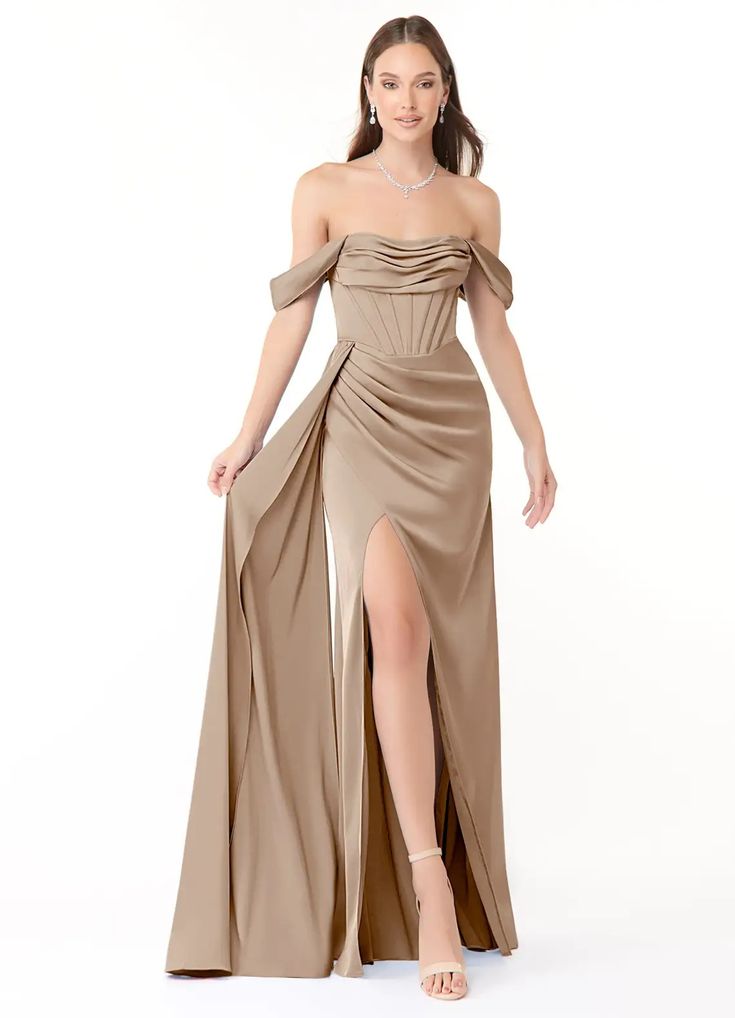 Taupe Azazie Amyra Bridesmaid Dresses | Azazie Beige Bridesmaid Dress, Beige Bridesmaids, Taupe Bridesmaid Dresses, Silver Bridesmaid Dresses, Blush Pink Bridesmaid Dresses, Stretch Satin Dress, Rose Bridesmaid Dresses, Champagne Bridesmaid Dresses, Champagne Bridesmaid