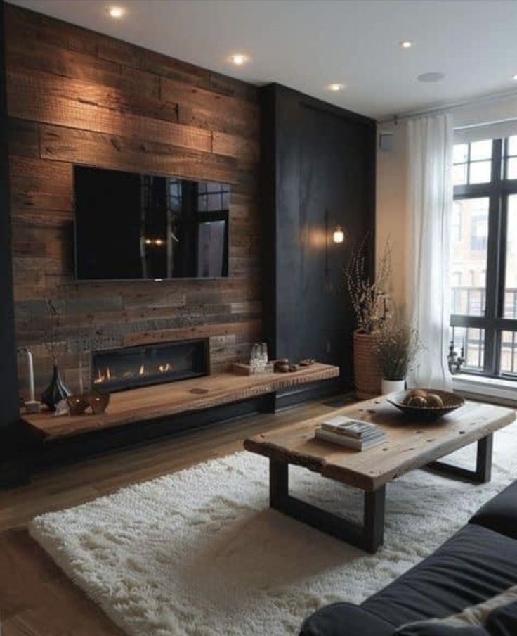 the living room is decorated in black and white with wood paneling on the wall