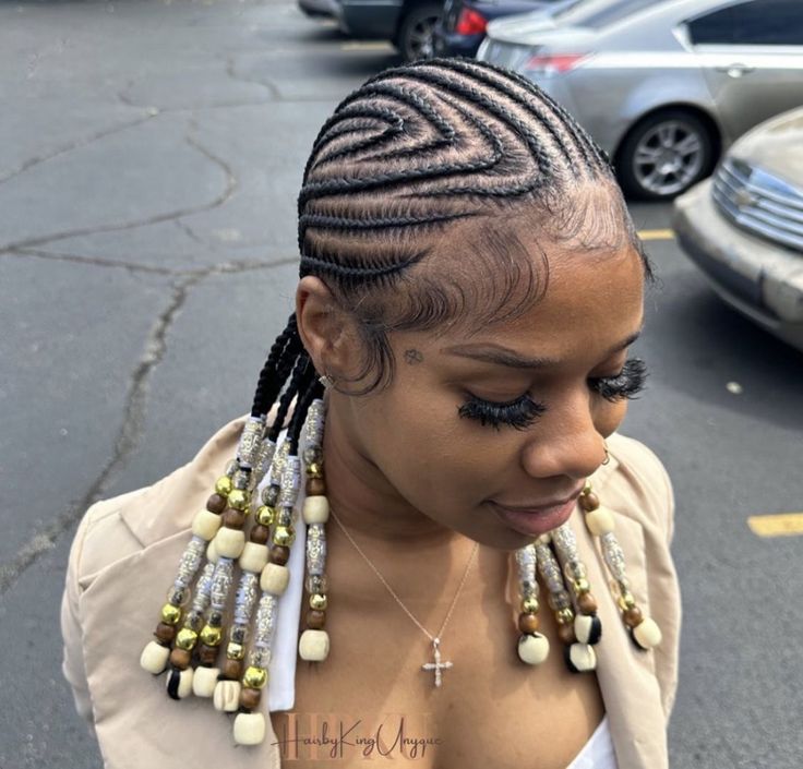 Small Cornrows With Beads, Freed In Braids, Corn Row Braids With Beads, Braids To The Back With Beads, Straightback Cornrows Braids With Beads, Trendy Braided Hairstyles 2024, Straight Back Feed In Braids With Beads, Straight Back With Beads, Y2k Cornrows