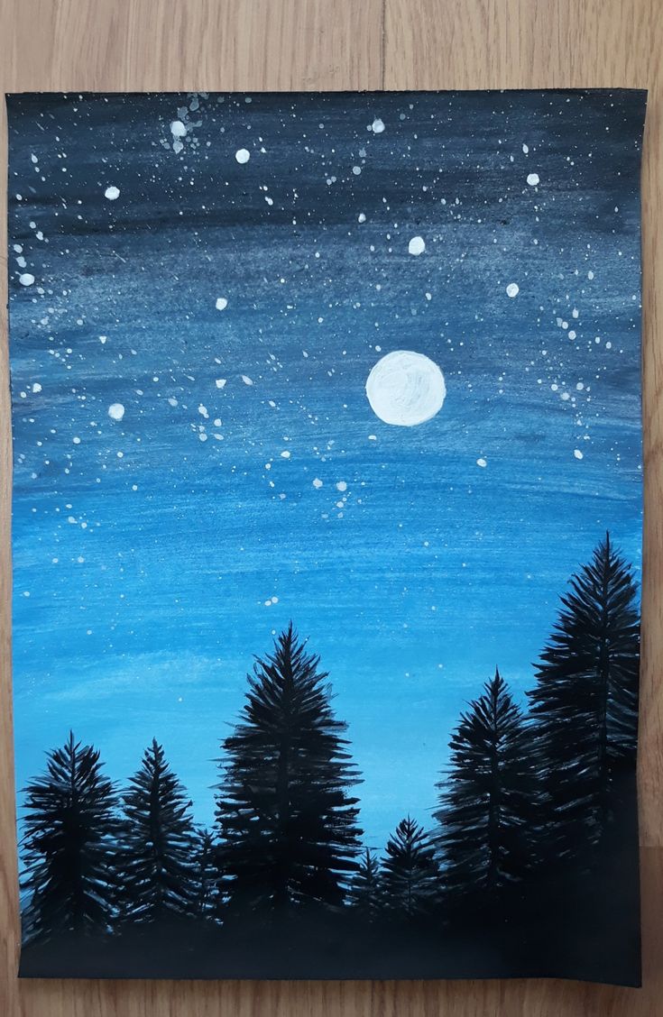 an acrylic painting of the night sky with stars and trees in front of it