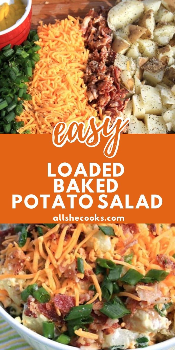 an easy loaded baked potato salad with cheese, bacon and spinach on the side